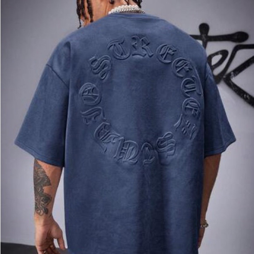 Manfinity Dusty Blue Letter T-Shirt Men's Graphic Tees Shirts Loose Suede Like M